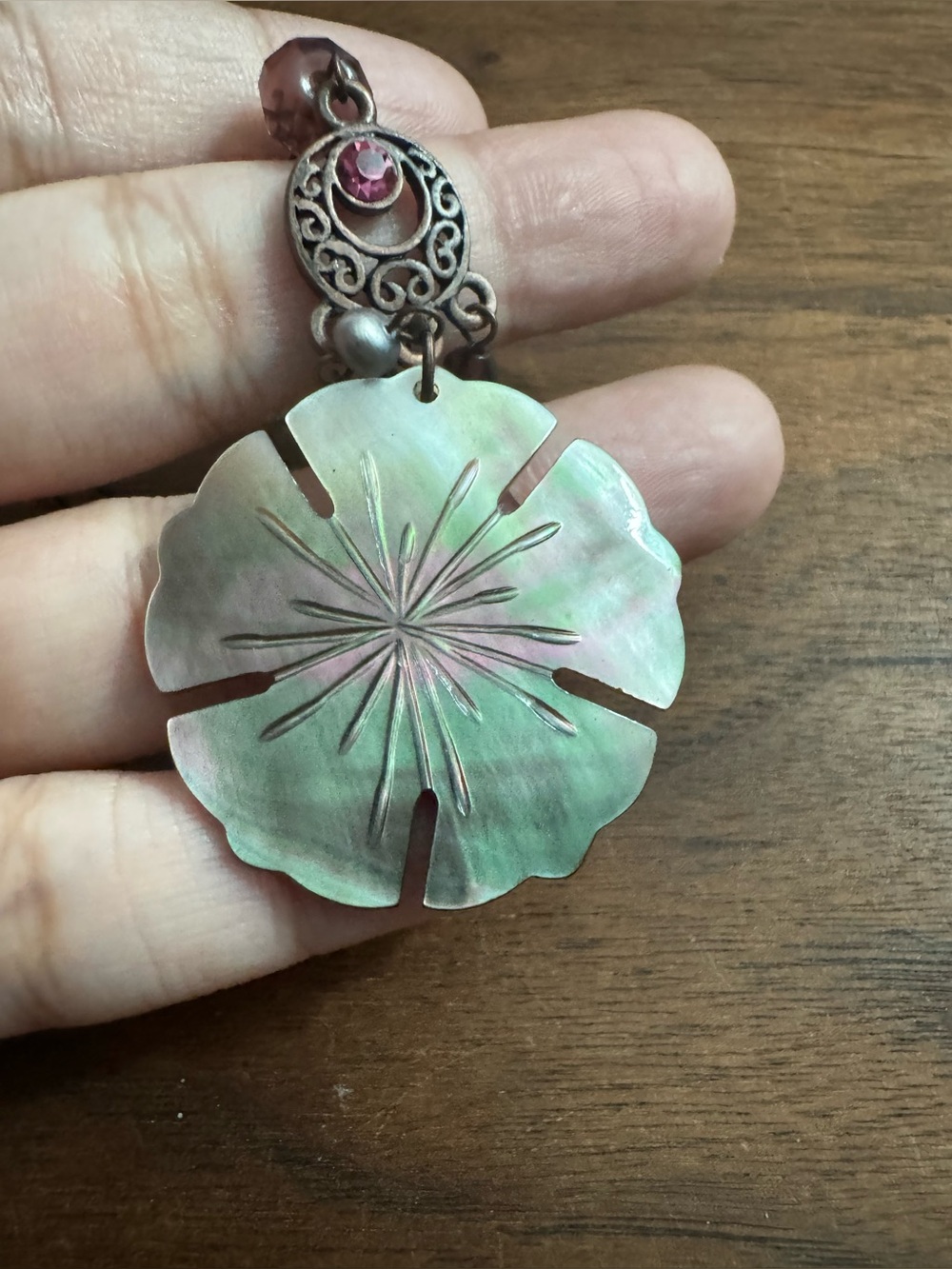 Cookie Lee Shell Abalone Flower Dangle Necklace w/Beads & Crystals *READ* - Picture 7 of 8